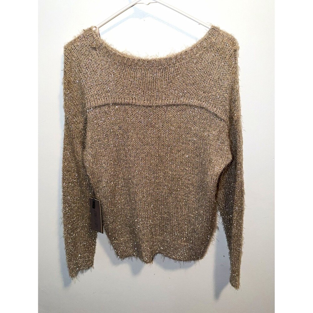 Jennifer Lopez Women's Petite PM Beige Solid Knit Glitter Boat Neck Pullover